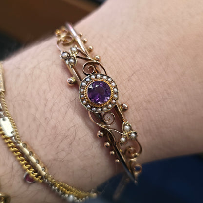 9ct Rose Gold Antique 1905 Amethyst & Seed Pearl Foliate Openwork Bangle