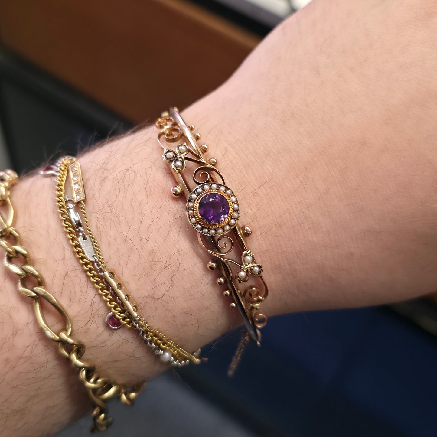 9ct Rose Gold Antique 1905 Amethyst & Seed Pearl Foliate Openwork Bangle