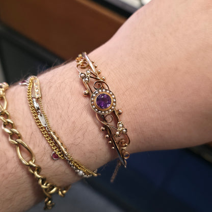 9ct Rose Gold Antique 1905 Amethyst & Seed Pearl Foliate Openwork Bangle