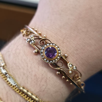 9ct Rose Gold Antique 1905 Amethyst & Seed Pearl Foliate Openwork Bangle