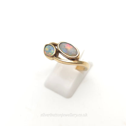 9ct Yellow Gold Vintage Oval And Pear Cabochon Two Stone Opal Crossover Ring