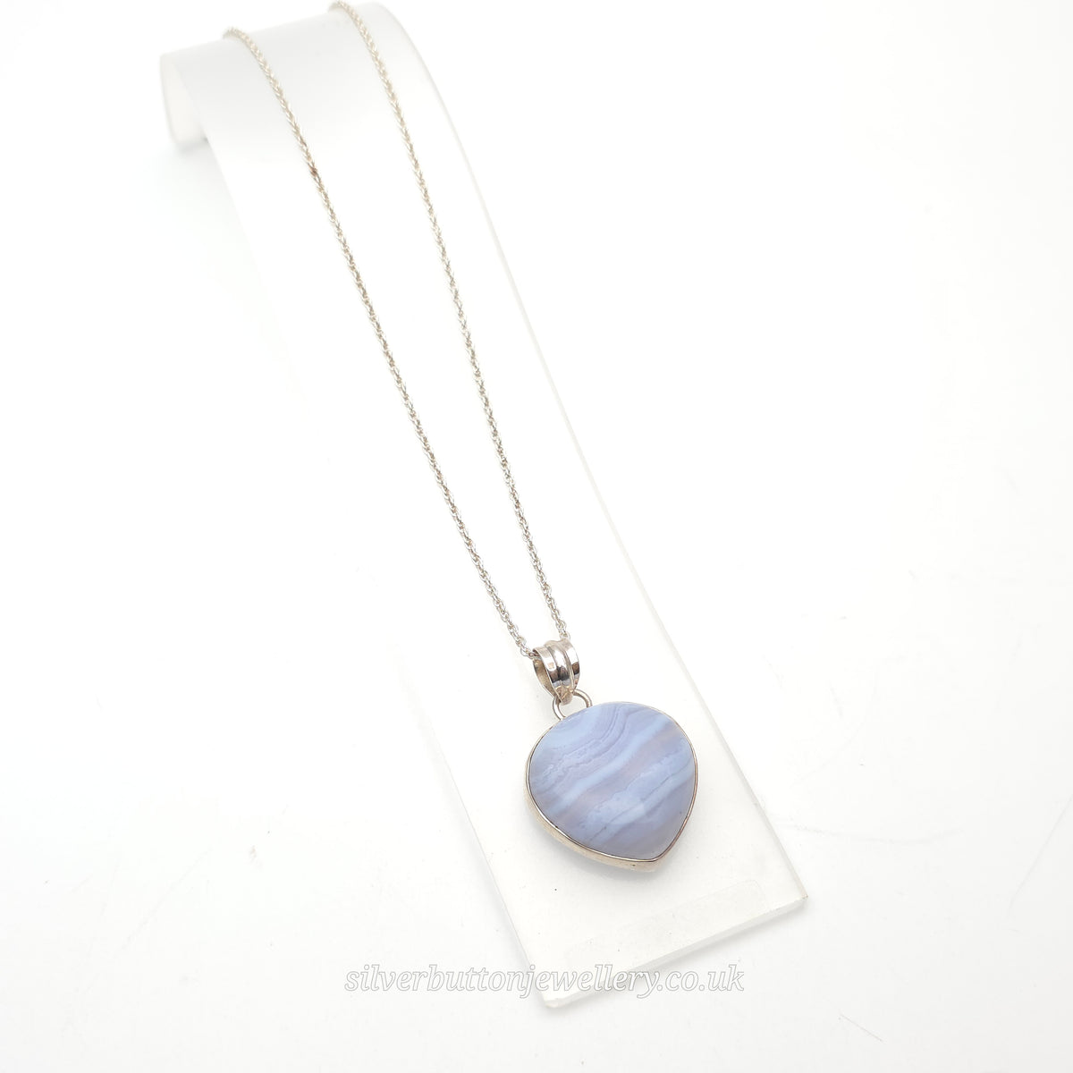 Sterling Silver Large Pear Cabochon Blue Lace Agate Bezel Set Pendant Necklace