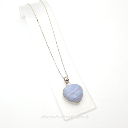 Sterling Silver Large Pear Cabochon Blue Lace Agate Bezel Set Pendant Necklace