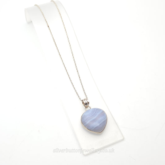 Sterling Silver Large Pear Cabochon Blue Lace Agate Bezel Set Pendant Necklace
