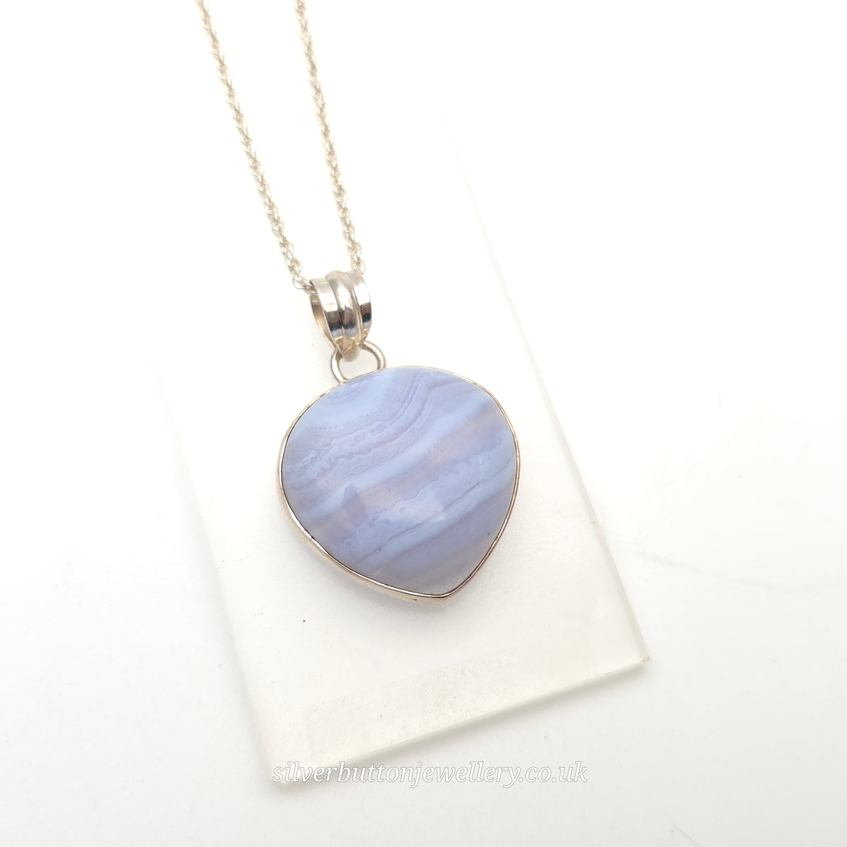 Sterling Silver Large Pear Cabochon Blue Lace Agate Bezel Set Pendant Necklace