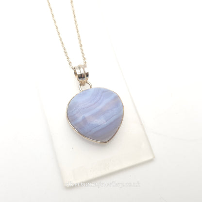 Sterling Silver Large Pear Cabochon Blue Lace Agate Bezel Set Pendant Necklace