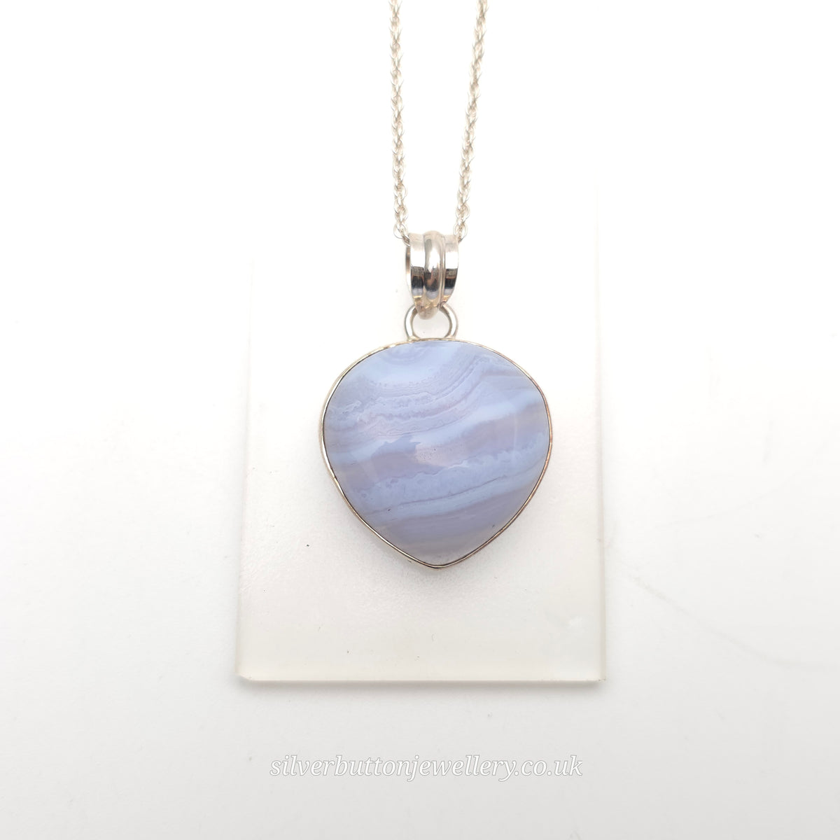 Sterling Silver Large Pear Cabochon Blue Lace Agate Bezel Set Pendant Necklace