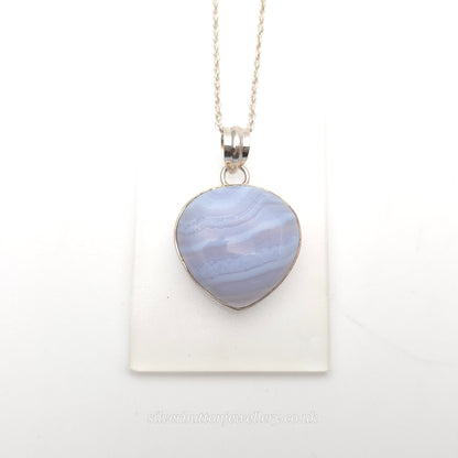 Sterling Silver Large Pear Cabochon Blue Lace Agate Bezel Set Pendant Necklace
