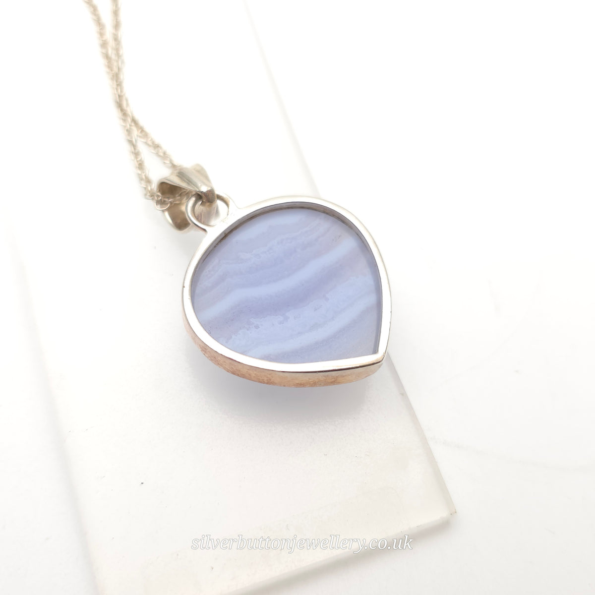 Sterling Silver Large Pear Cabochon Blue Lace Agate Bezel Set Pendant Necklace