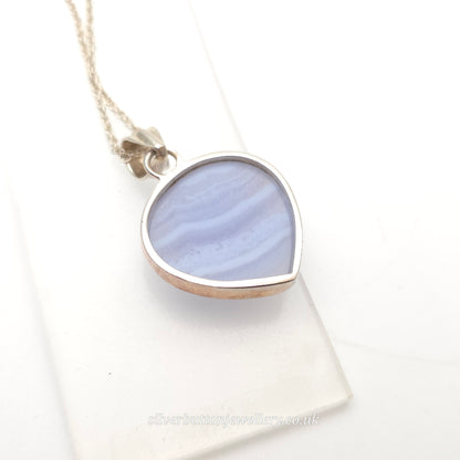 Sterling Silver Large Pear Cabochon Blue Lace Agate Bezel Set Pendant Necklace