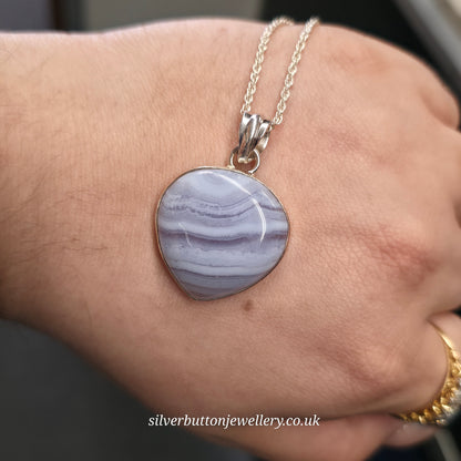 Sterling Silver Large Pear Cabochon Blue Lace Agate Bezel Set Pendant Necklace