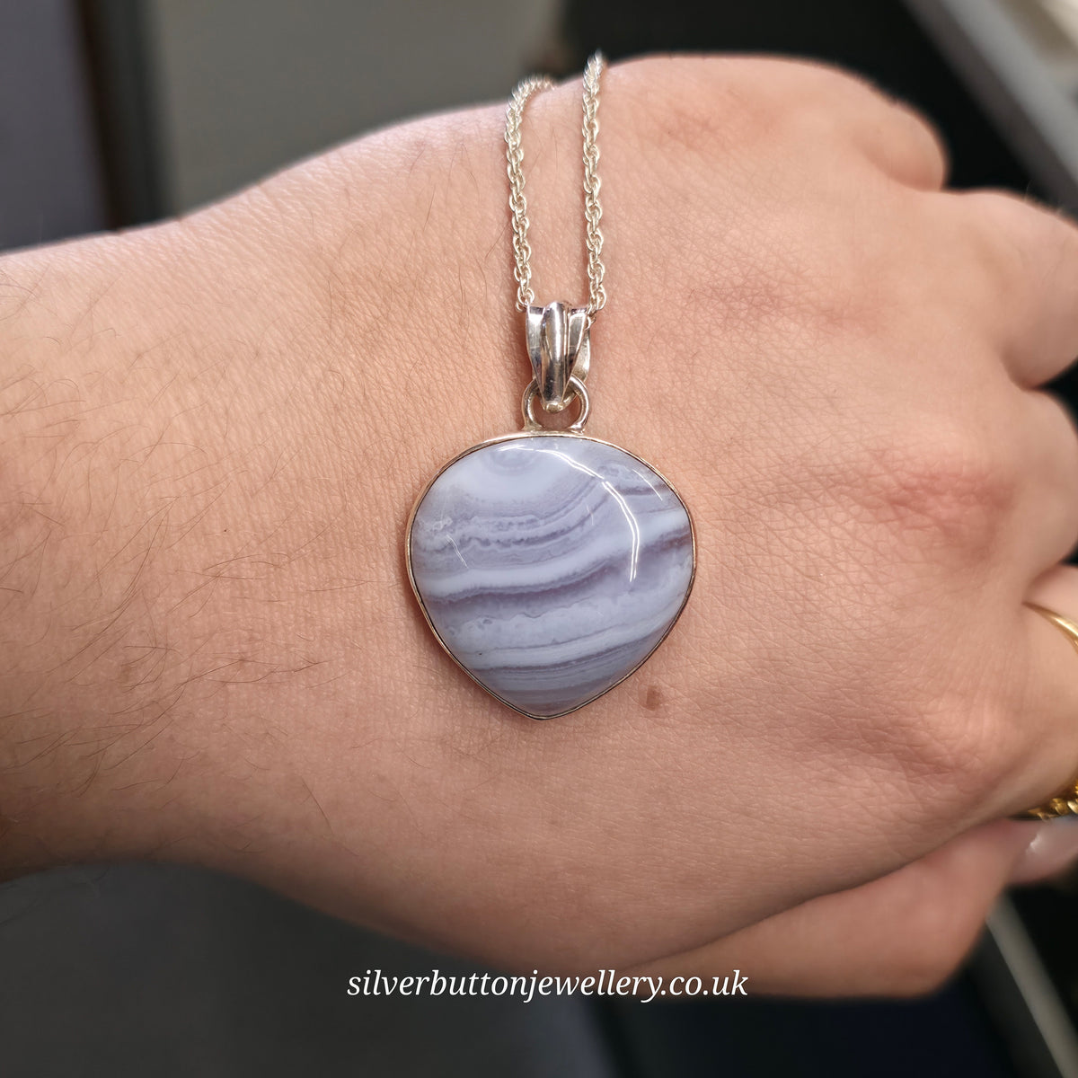 Sterling Silver Large Pear Cabochon Blue Lace Agate Bezel Set Pendant Necklace
