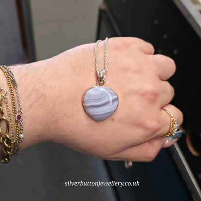 Sterling Silver Large Pear Cabochon Blue Lace Agate Bezel Set Pendant Necklace