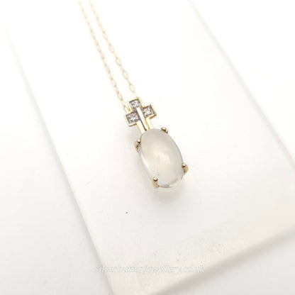 9ct Yellow Gold Vintage Oval Cabochon Moonstone And Diamond Cross Necklace