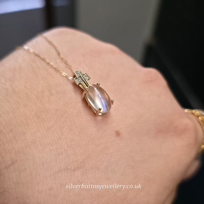 9ct Yellow Gold Vintage Oval Cabochon Moonstone And Diamond Cross Necklace