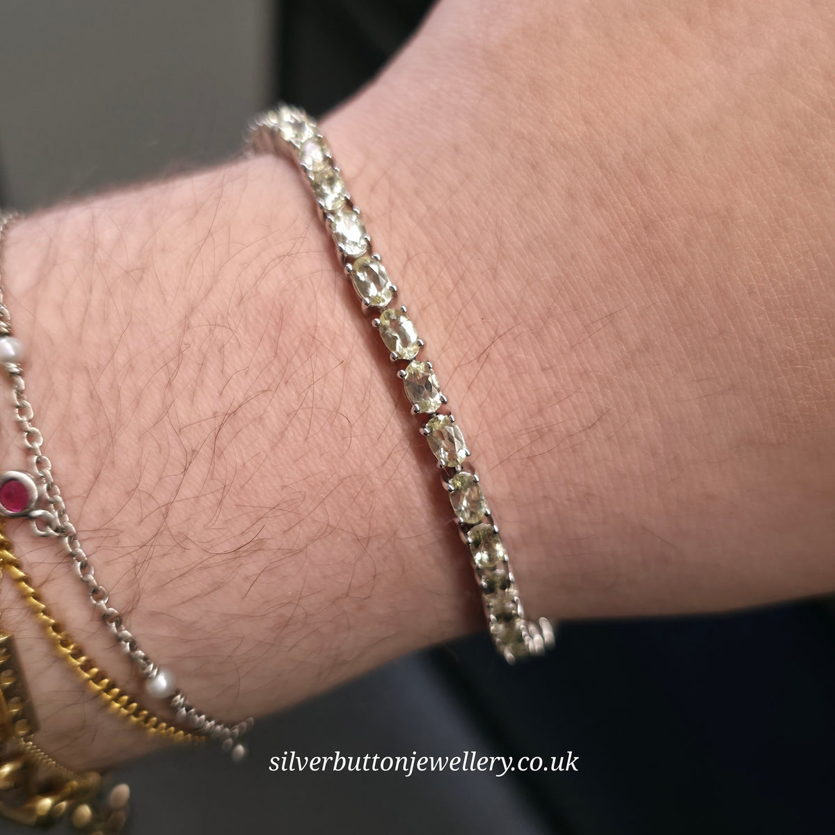 Sterling Silver Oval Cut Pale Yellow Heliodor Stone Tennis Bracelet