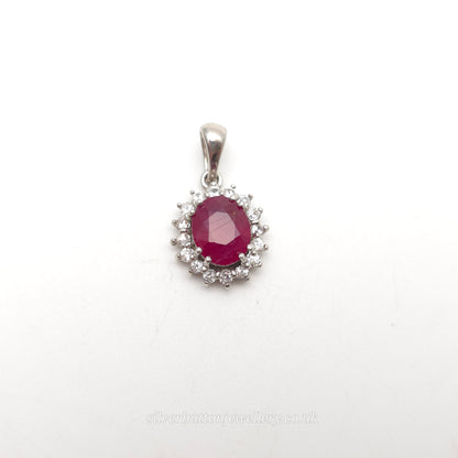 Sterling Silver Oval Cut Ruby And White Zircon Cluster Pendant Piece