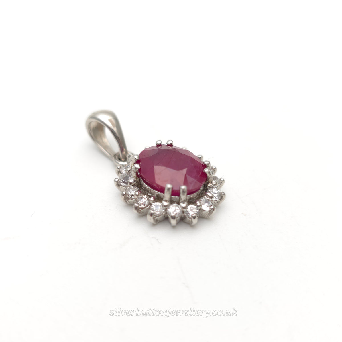 Sterling Silver Oval Cut Ruby And White Zircon Cluster Pendant Piece