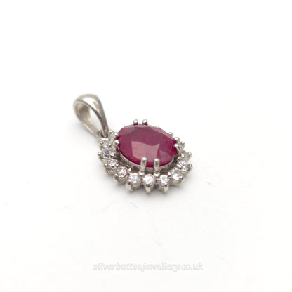 Sterling Silver Oval Cut Ruby And White Zircon Cluster Pendant Piece