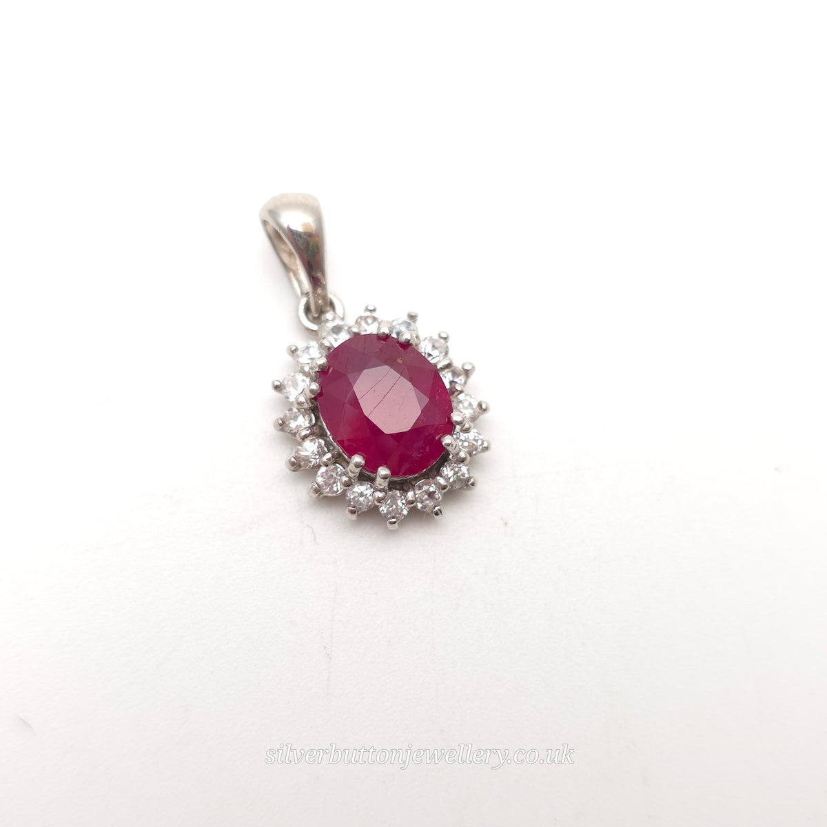 Sterling Silver Oval Cut Ruby And White Zircon Cluster Pendant Piece