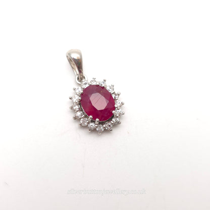 Sterling Silver Oval Cut Ruby And White Zircon Cluster Pendant Piece