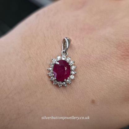 Sterling Silver Oval Cut Ruby And White Zircon Cluster Pendant Piece