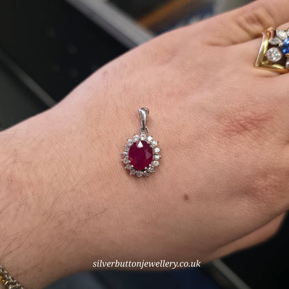 Sterling Silver Oval Cut Ruby And White Zircon Cluster Pendant Piece