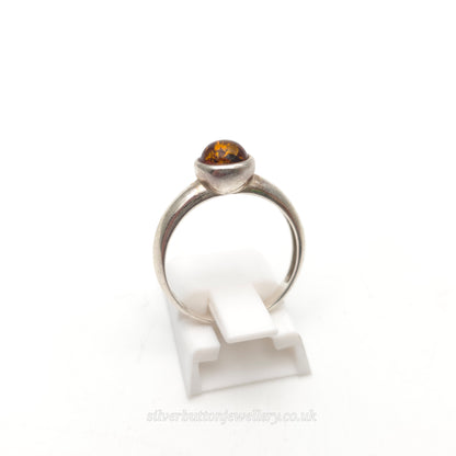 Sterling Silver Vintage Round Cabochon Bezel Set Amber Solitaire Ring