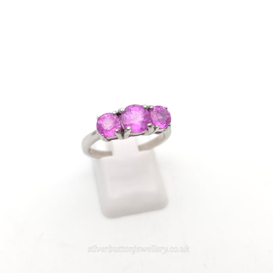 Sterling Silver Round Cut Pink Sapphire Three Stone Trilogy Ring