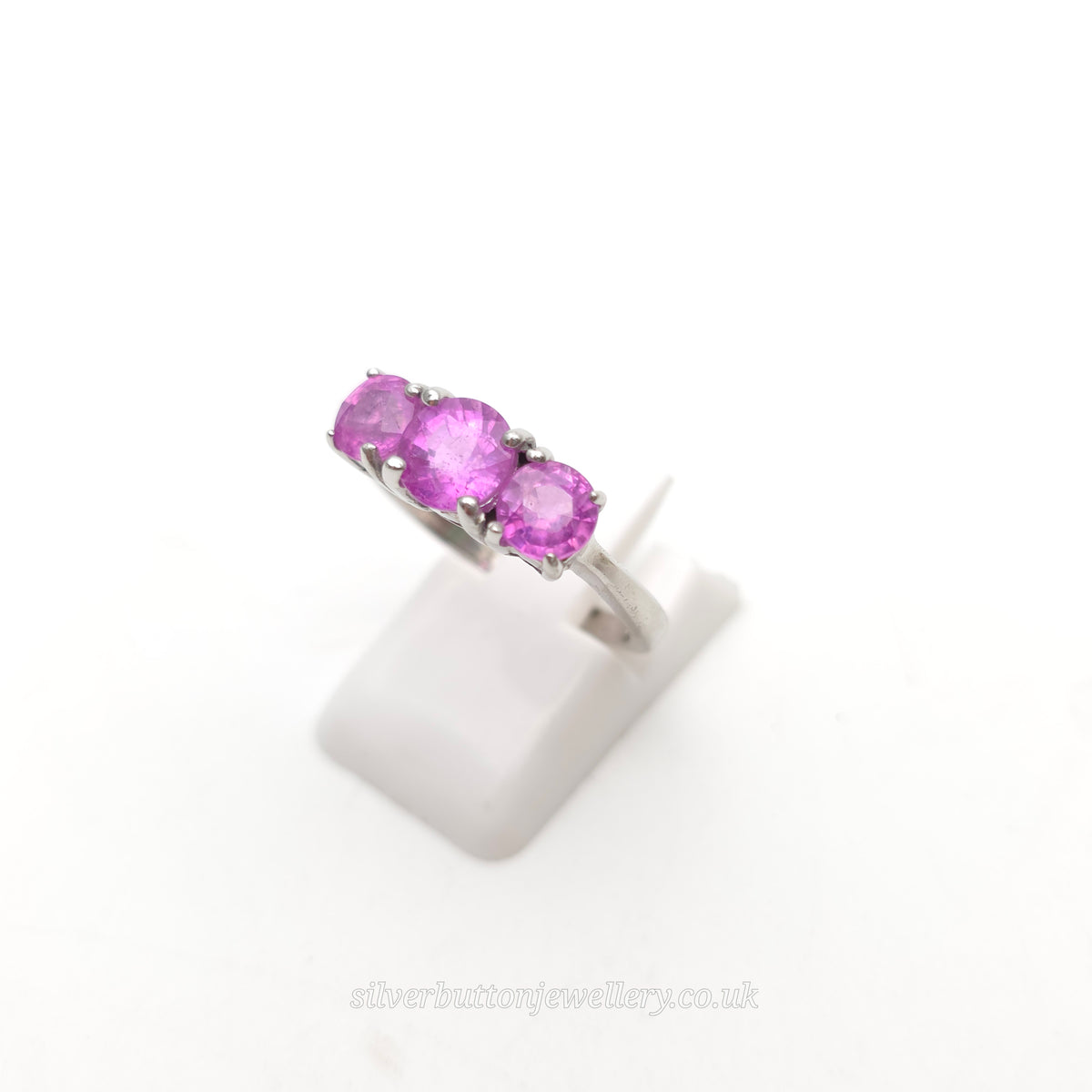 Sterling Silver Round Cut Pink Sapphire Three Stone Trilogy Ring
