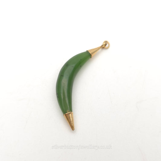 Vintage Gold Plated Nephrite / Jadeite Crescent Moon Shaped Pendant
