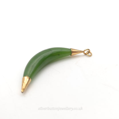 Vintage Gold Plated Nephrite / Jadeite Crescent Moon Shaped Pendant