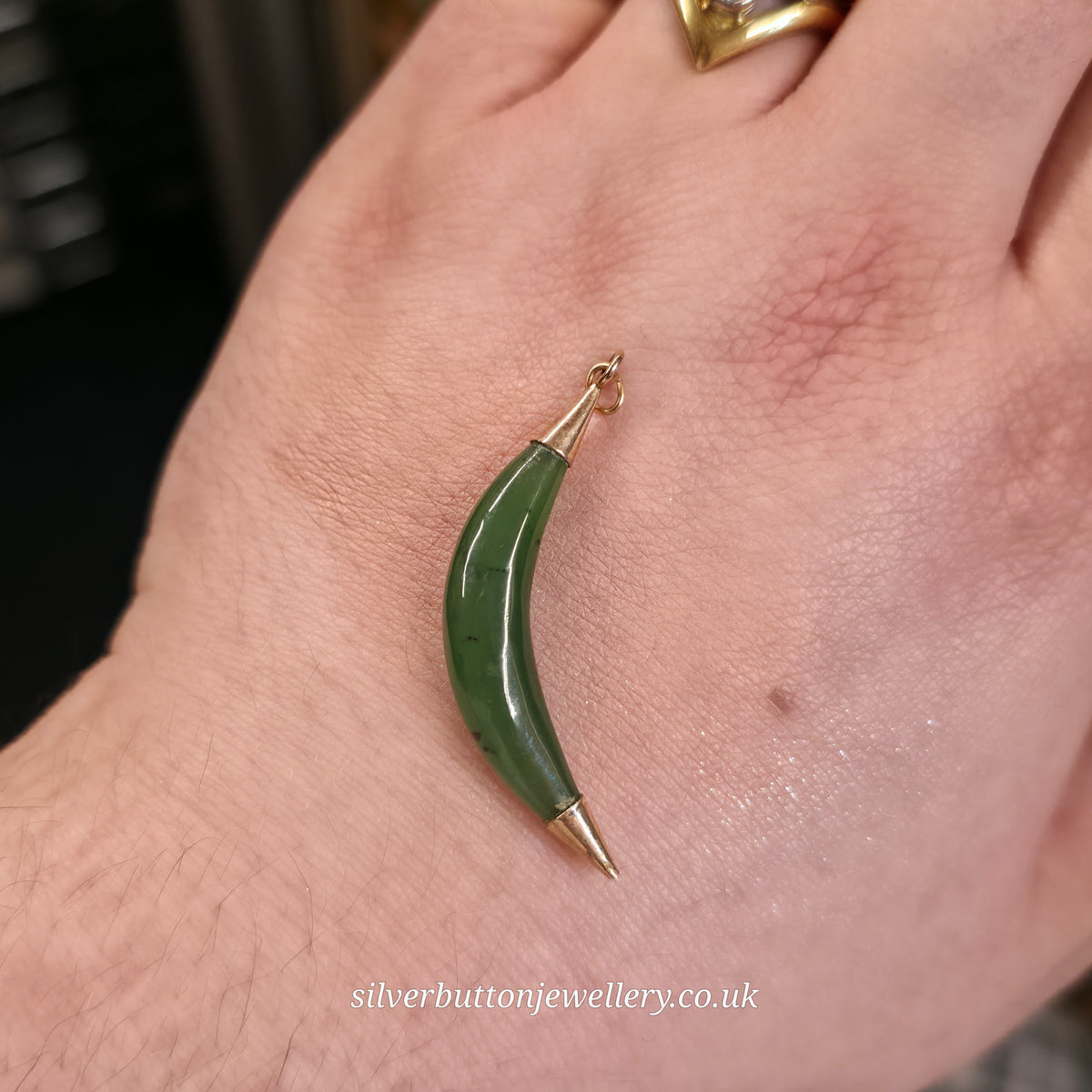 Vintage Gold Plated Nephrite / Jadeite Crescent Moon Shaped Pendant
