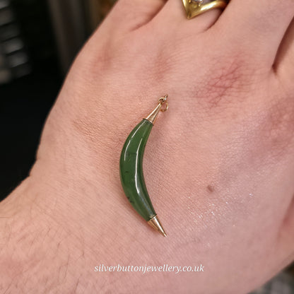 Vintage Gold Plated Nephrite / Jadeite Crescent Moon Shaped Pendant