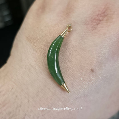Vintage Gold Plated Nephrite / Jadeite Crescent Moon Shaped Pendant