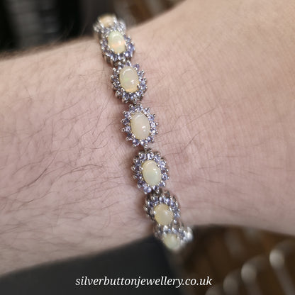 Sterling Silver Oval Cabochon Opal And Round Cut Tanzanite Cluster Bracelet