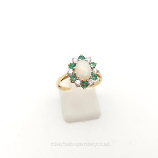 9ct Yellow Gold Vintage Opal, Emerald & White Stone Cluster Ring