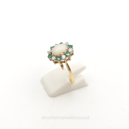 9ct Yellow Gold Vintage Opal, Emerald & White Stone Cluster Ring