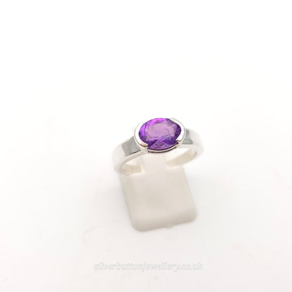 Sterling Silver Oval Cut East West Half Bezel Set Amethyst Solitaire Ring