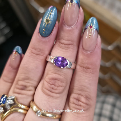 Sterling Silver Oval Cut East West Half Bezel Set Amethyst Solitaire Ring
