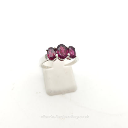Sterling Silver Three Oval Cut Rhodolite Garnet Trilogy Ring