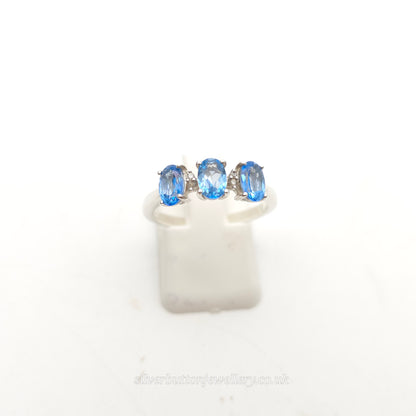 Sterling Silver Three Oval Cut Blue Topaz And White Stone Multi-Stone Ring