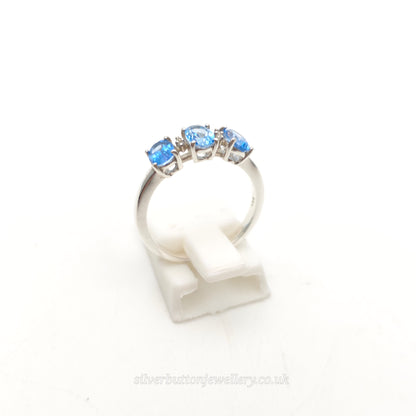 Sterling Silver Three Oval Cut Blue Topaz And White Stone Multi-Stone Ring