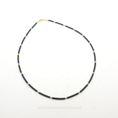 18ct Yellow Gold And Black Rubber Tube Spacer Corded Necklace With Gold Clasp