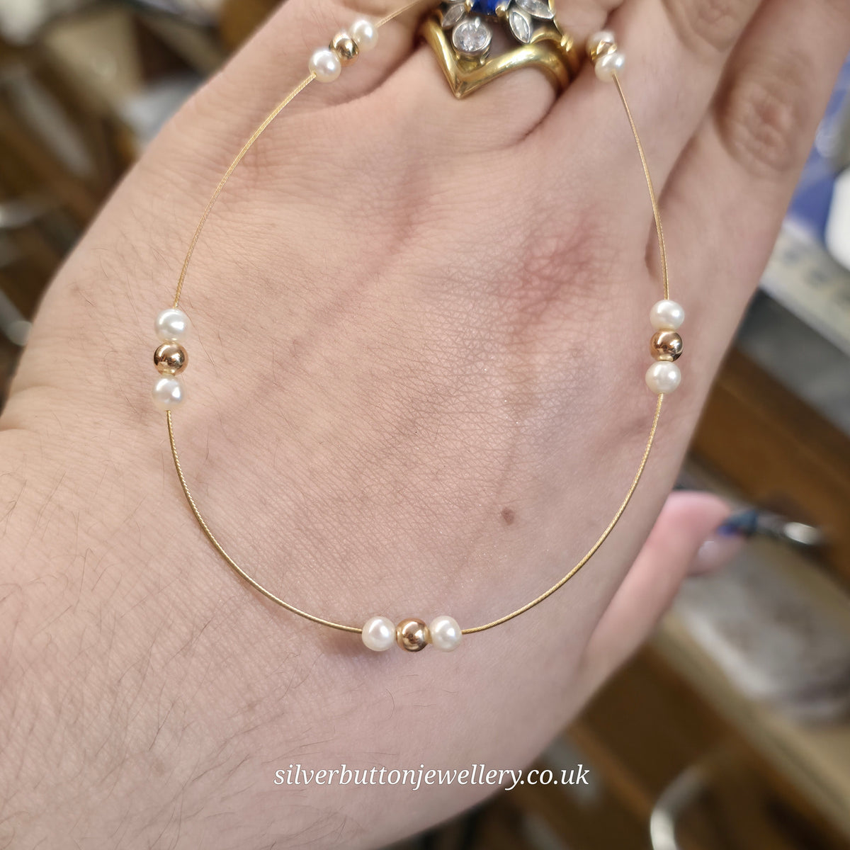 9ct Yellow Gold Vintage Pearl And Gold Bead Station Necklace