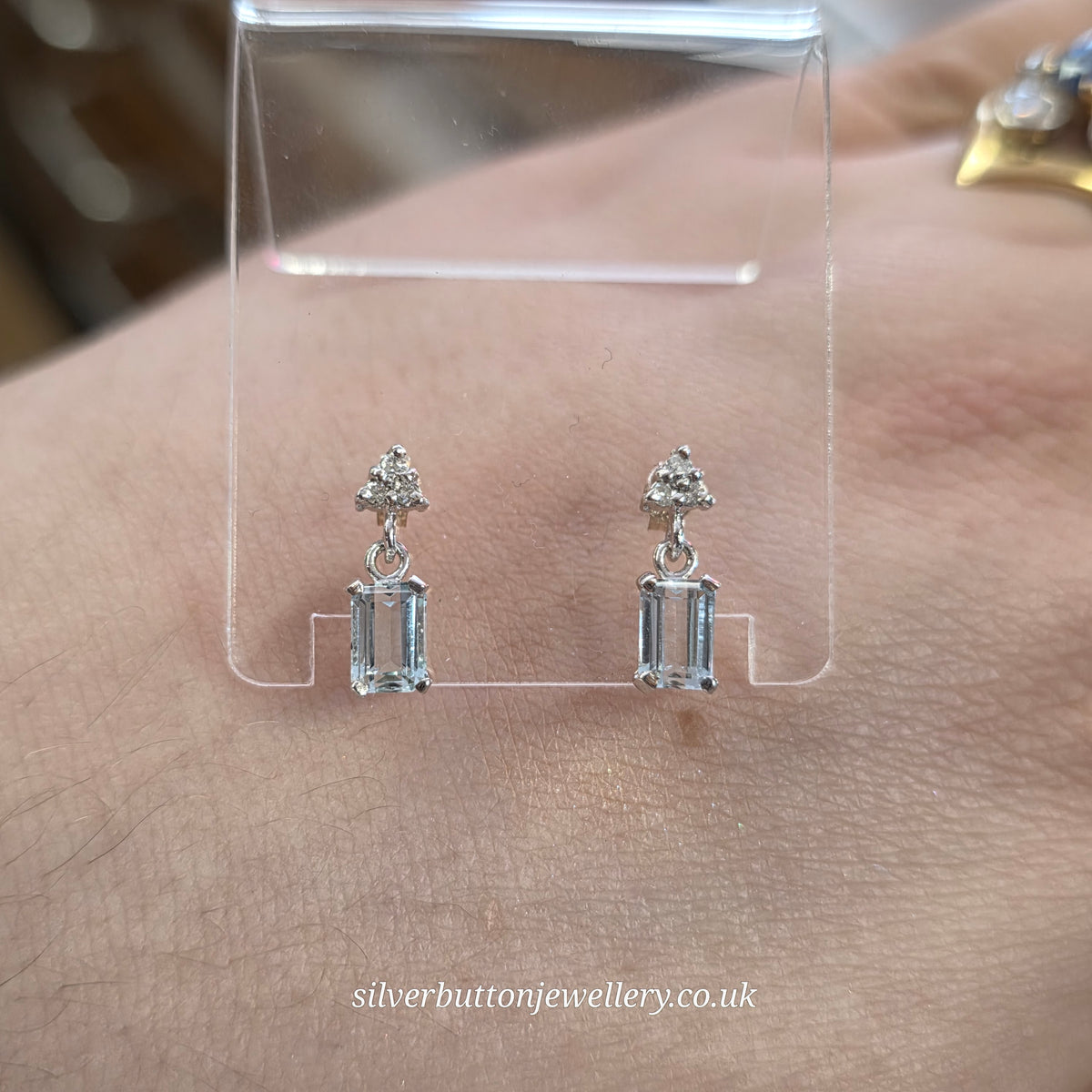 9ct White Gold Emerald Cut Aquamarine And Diamond Drop Earrings