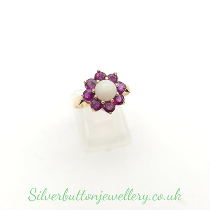 9ct Yellow Gold Vintage Cabochon Opal And Round Cut Garnet Floral Cluster Ring