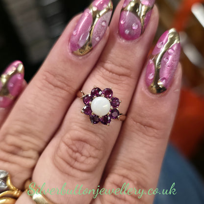 9ct Yellow Gold Vintage Cabochon Opal And Round Cut Garnet Floral Cluster Ring