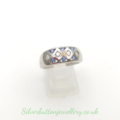 9ct White gold Geometric Cut Out Round Cut Diamond And Sapphire Wide Ring