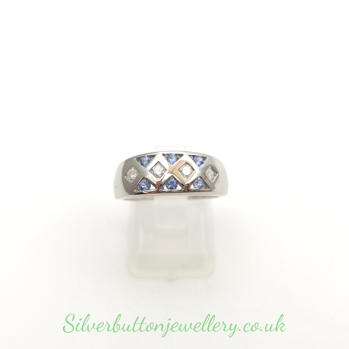 9ct White gold Geometric Cut Out Round Cut Diamond And Sapphire Wide Ring